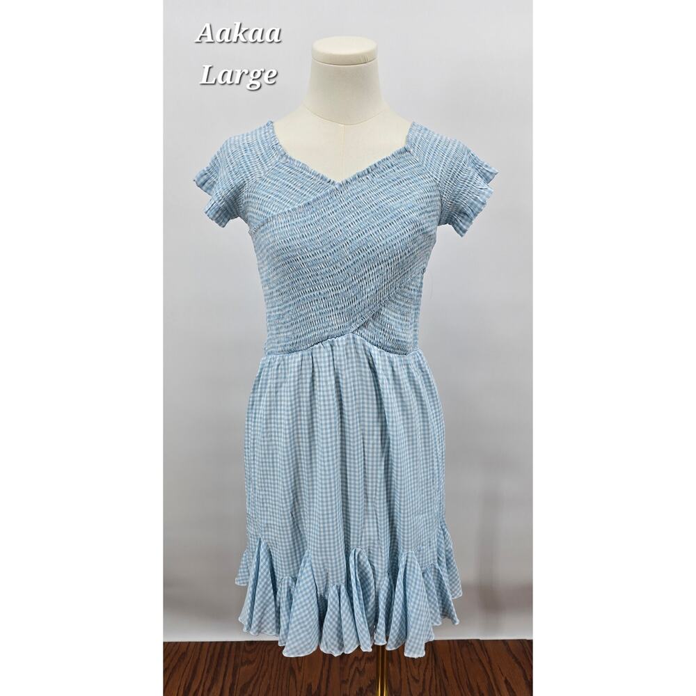 Aakaa Cottagecore soft girl Blue and White Smocked Gingham Skater Dress